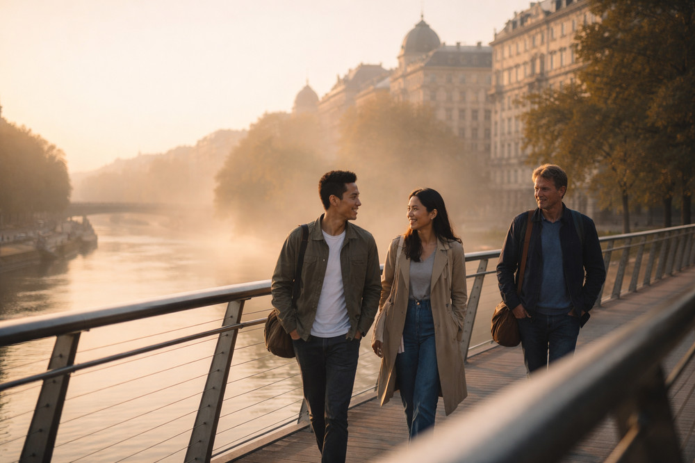 Internationale Gruppe auf einer Wiener Brücke im Morgenlicht