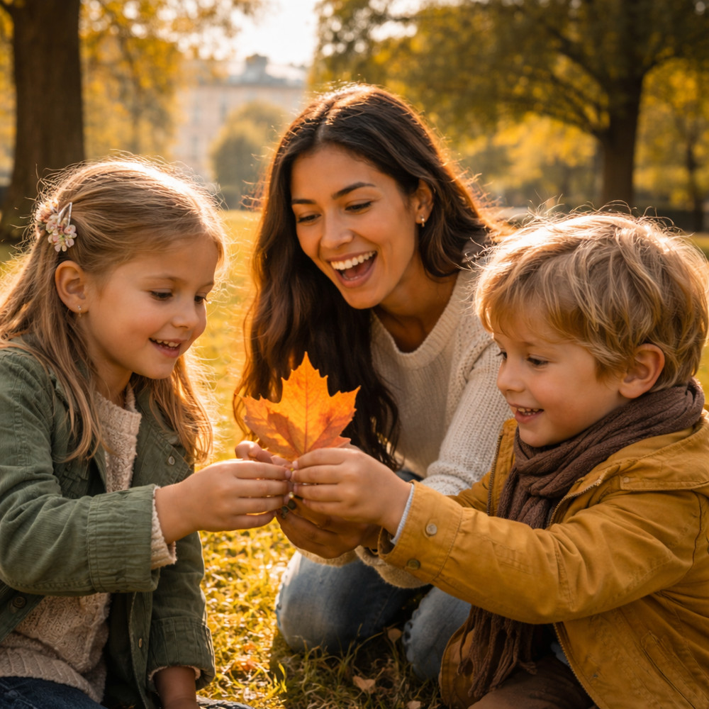 Au-pair spielt mit zwei Kindern im herbstlichen Wiener Park