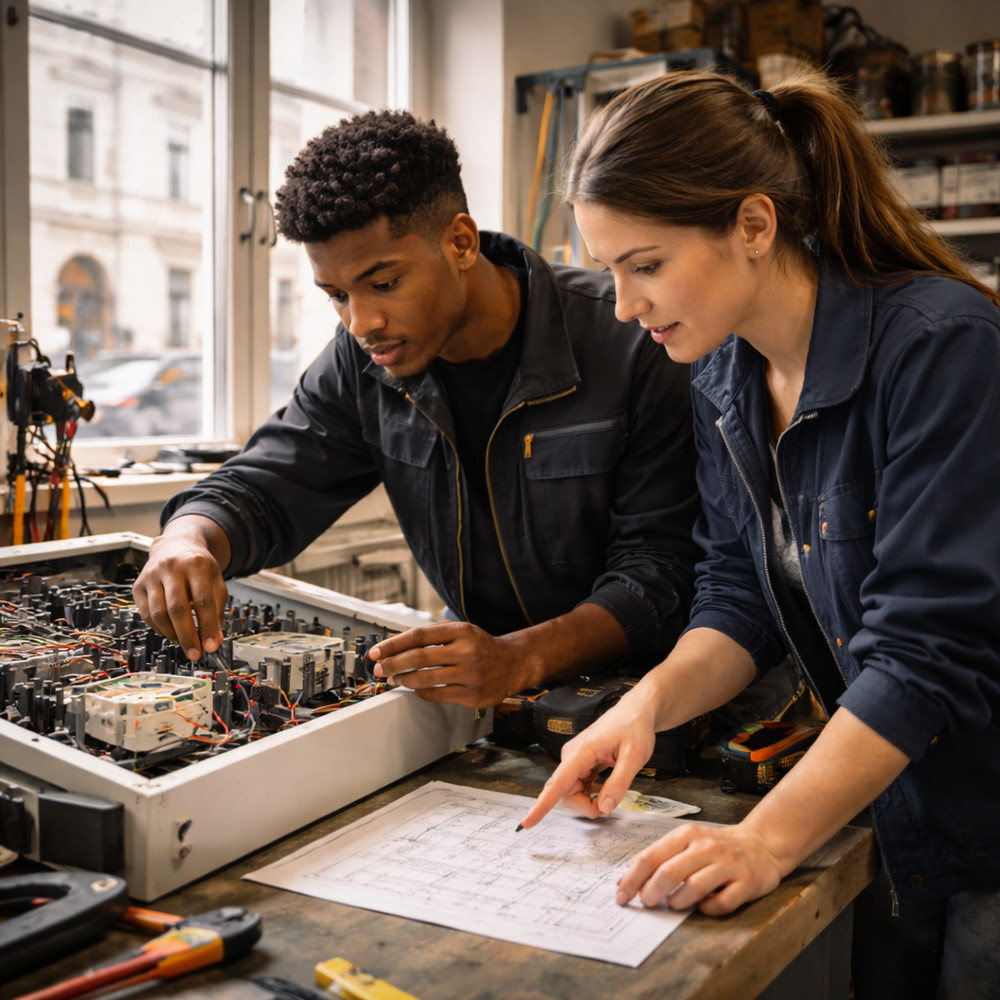 Technikerin und Techniker arbeiten gemeinsam an Elektronik in einer Werkstatt